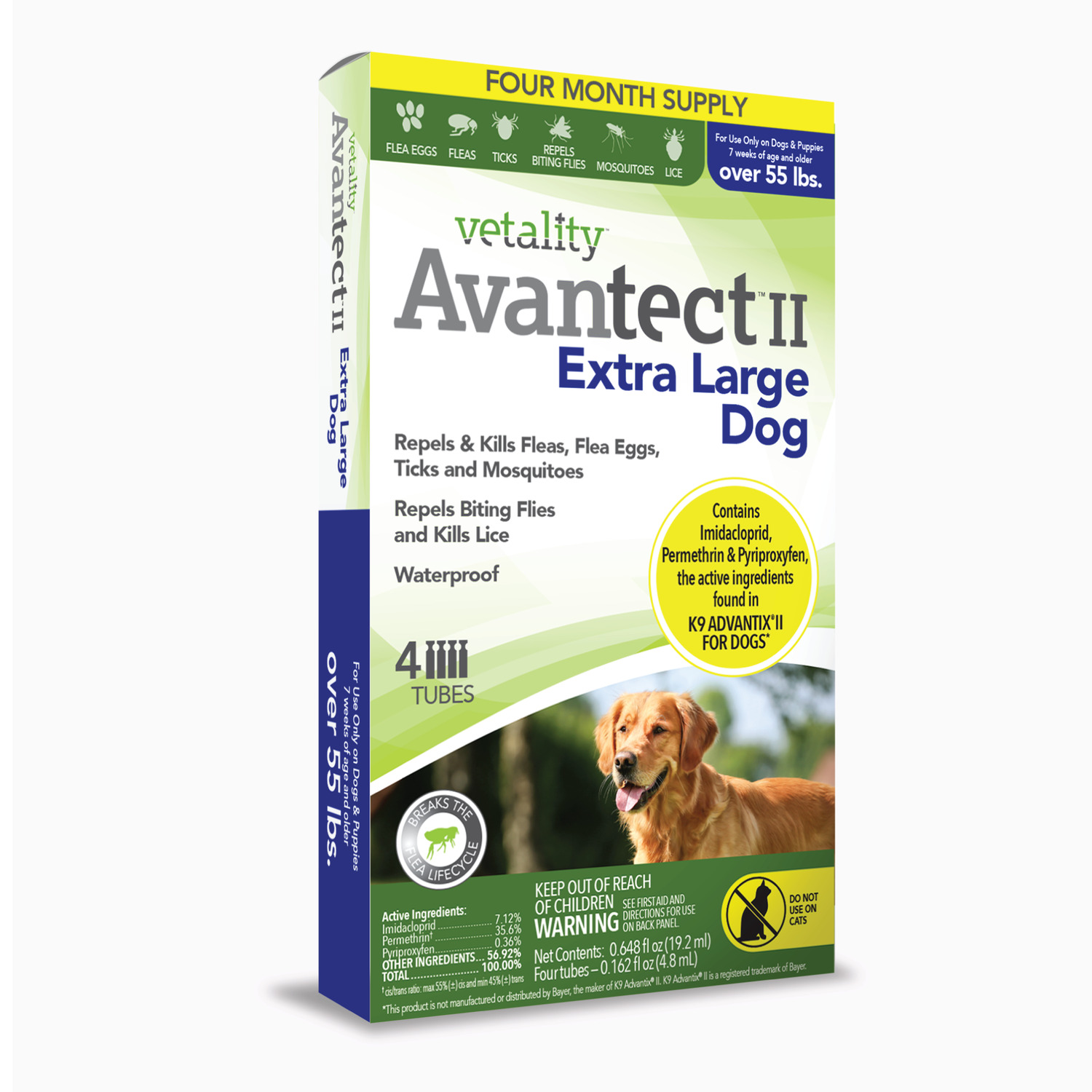 Vetality Avantect Ii Topical Flea & Tick Treatment For Dogs, 4 Doses = 4 Months Of Protection