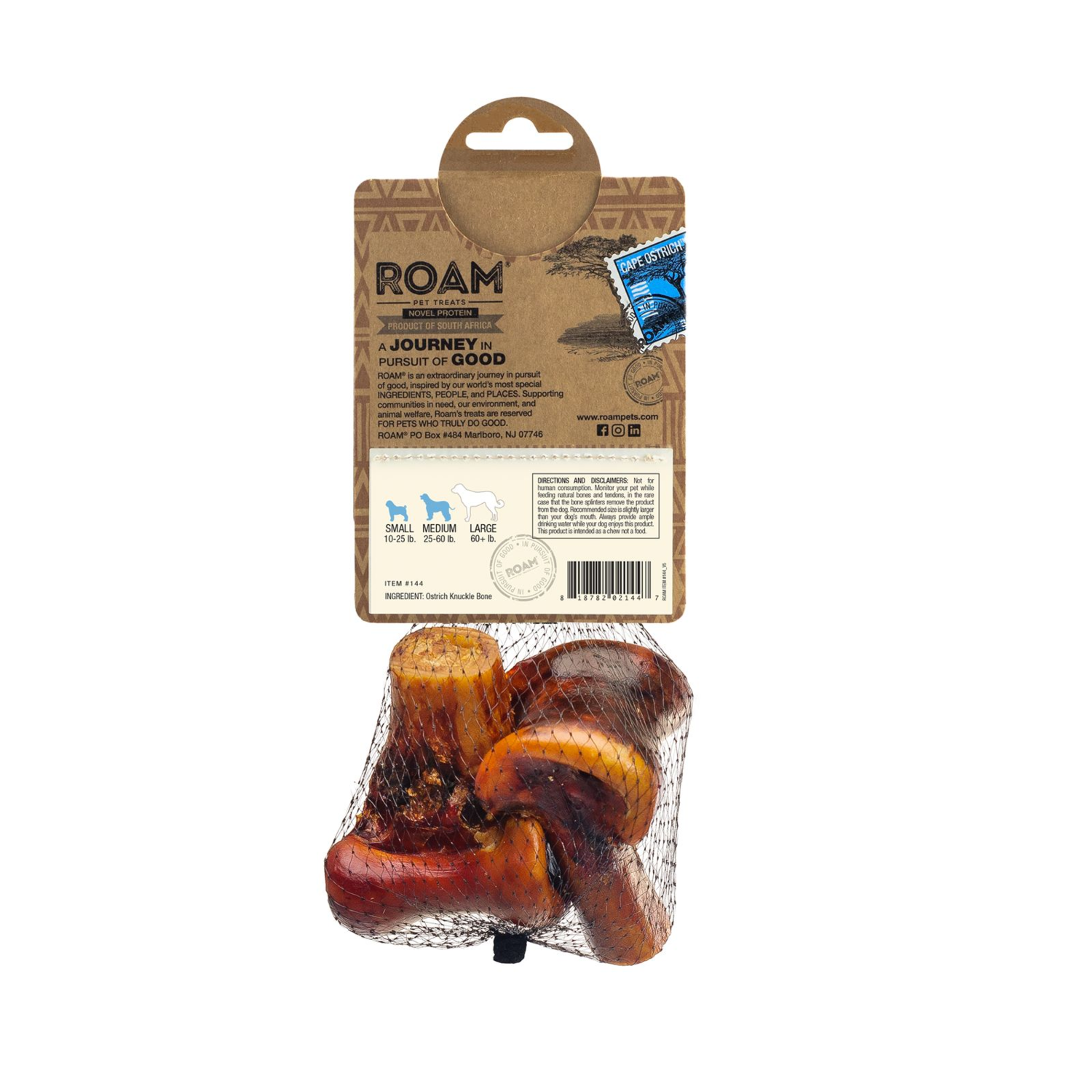 Roam Long Lasting Cape Ostrich Gnawkle Bone Dog Treat, Small, Twin Pack