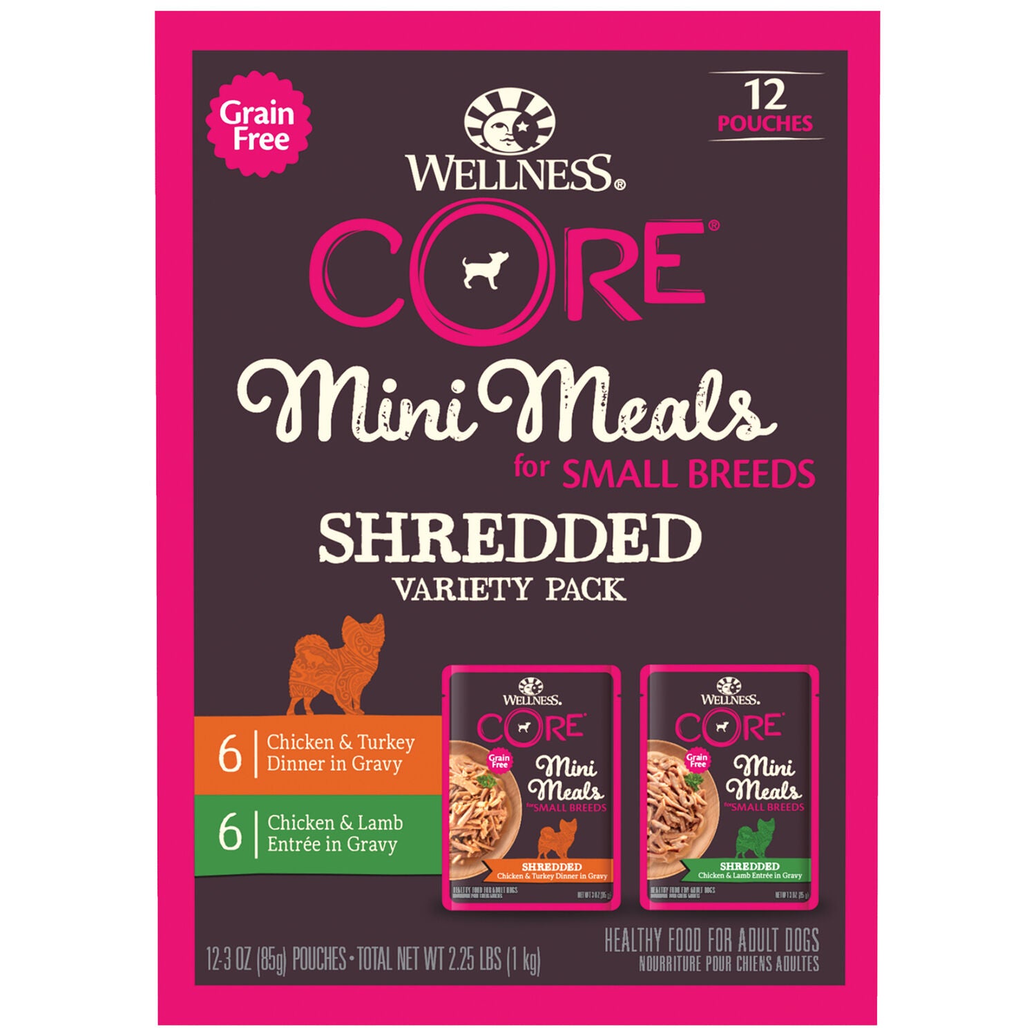 Wellness Core Natural Grain-Free Mini Meals Shredded Wet Dog Food, Variety Pack, 3-Oz Pack Of 12