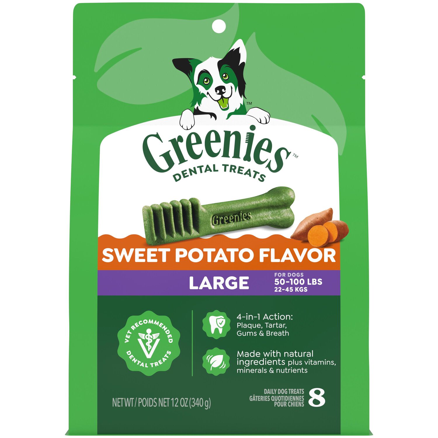 Greenies Natural Sweet Potato Flavor Large Size Dental Dog Treats, 12 Oz, 8 Count