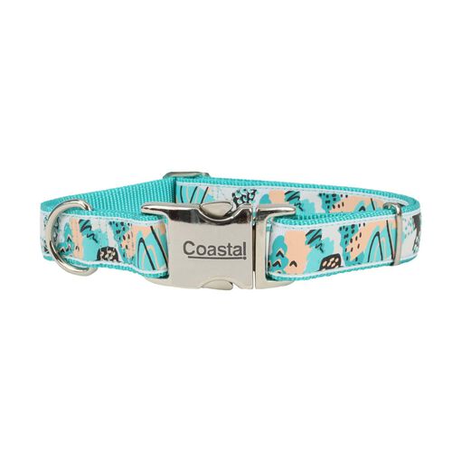 Coastal Pet Ribbon Adjustable Dog Collar With Metal Buckle, Teal Sketched Abstract