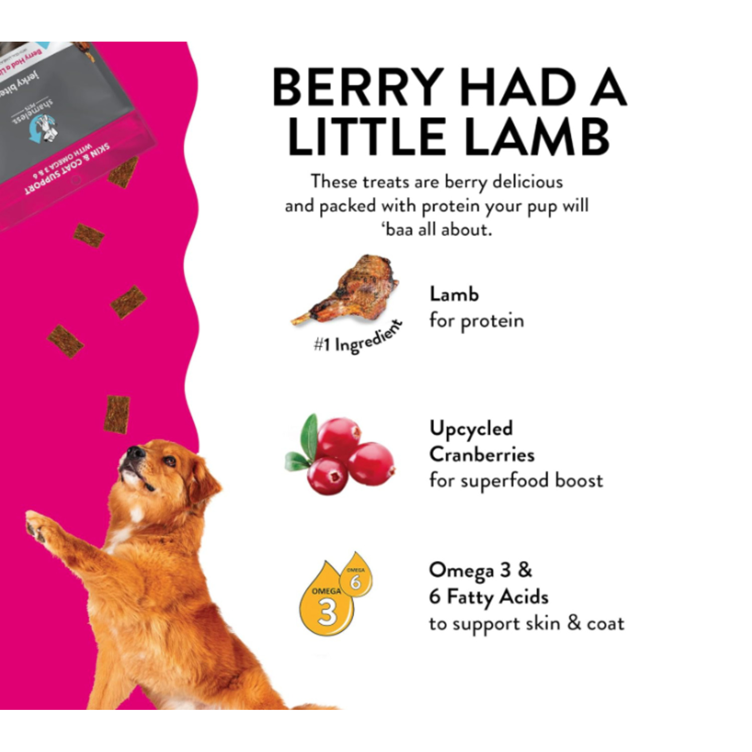 Shameless Pets Berry Had A Little Lamb Jerky Bites Dog Treats, Cranberry & Lamb, 4.5Oz
