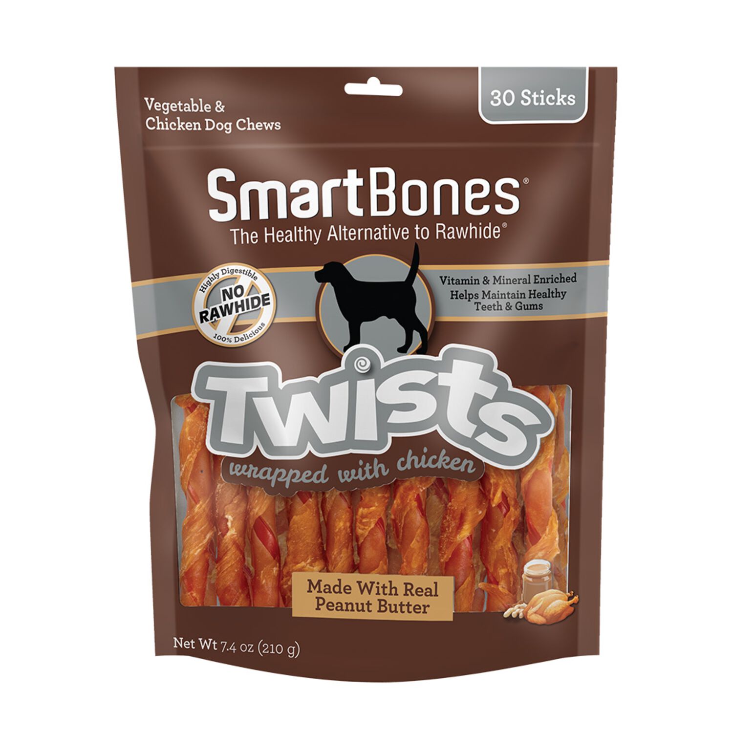 Smartbones Twists Peanut Butter Sticks Wrapped With Chicken Rawhide Alternative Dog Treats, 30 Pack