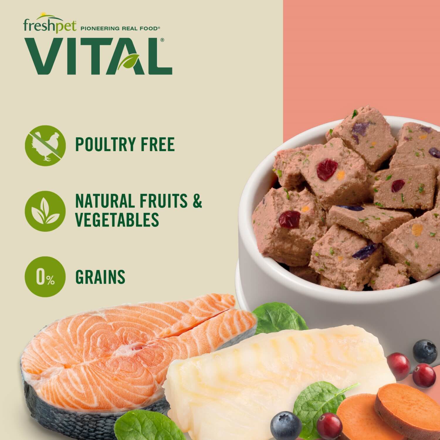 Freshpet Vital Grain Free Fresh Dog Food, Ocean Whitefish & Salmon Roll Recipe, 2-Lb Roll