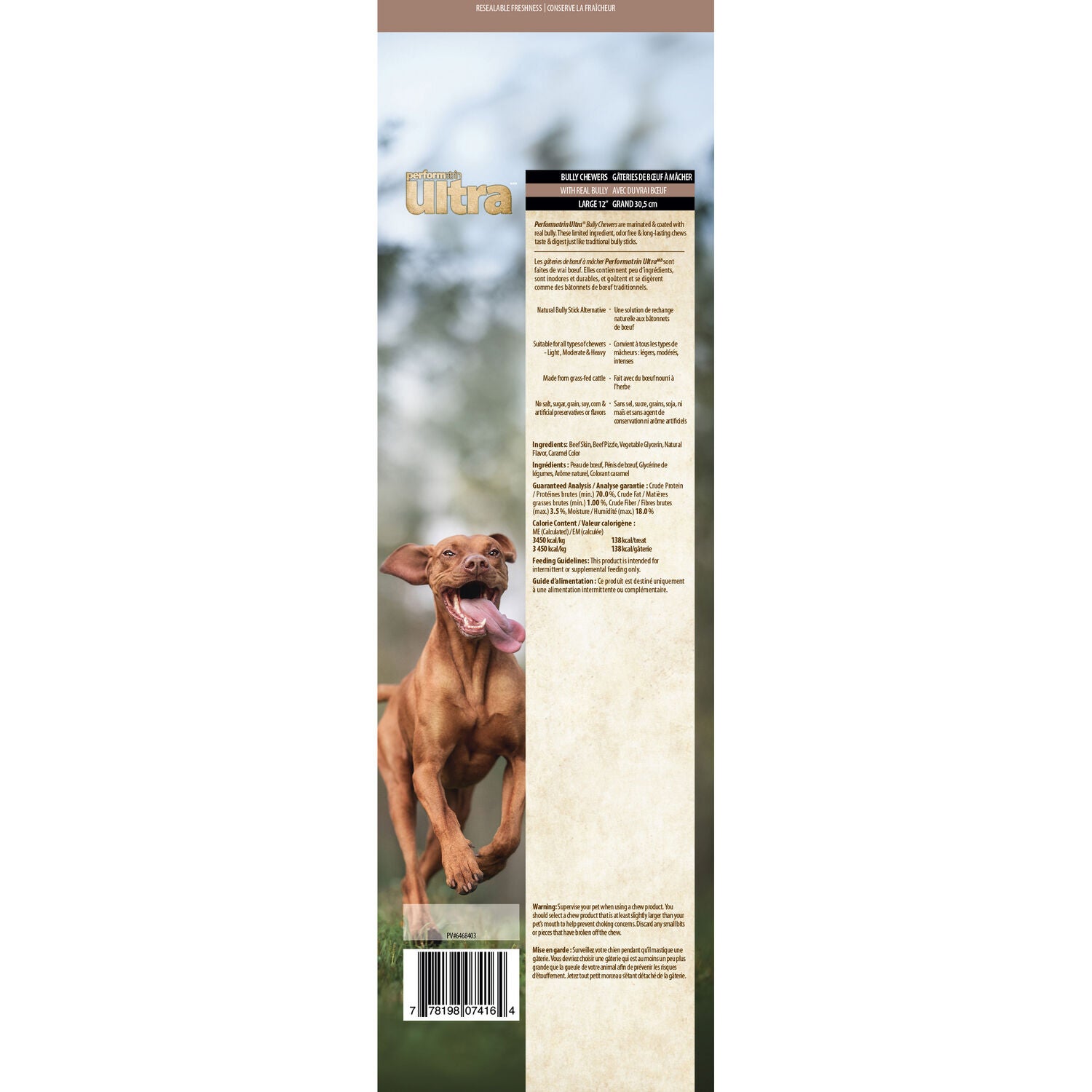 Performatrin Ultra Bully Chewers Odor-Free Dog Treat Chews, 12" 4-Pack