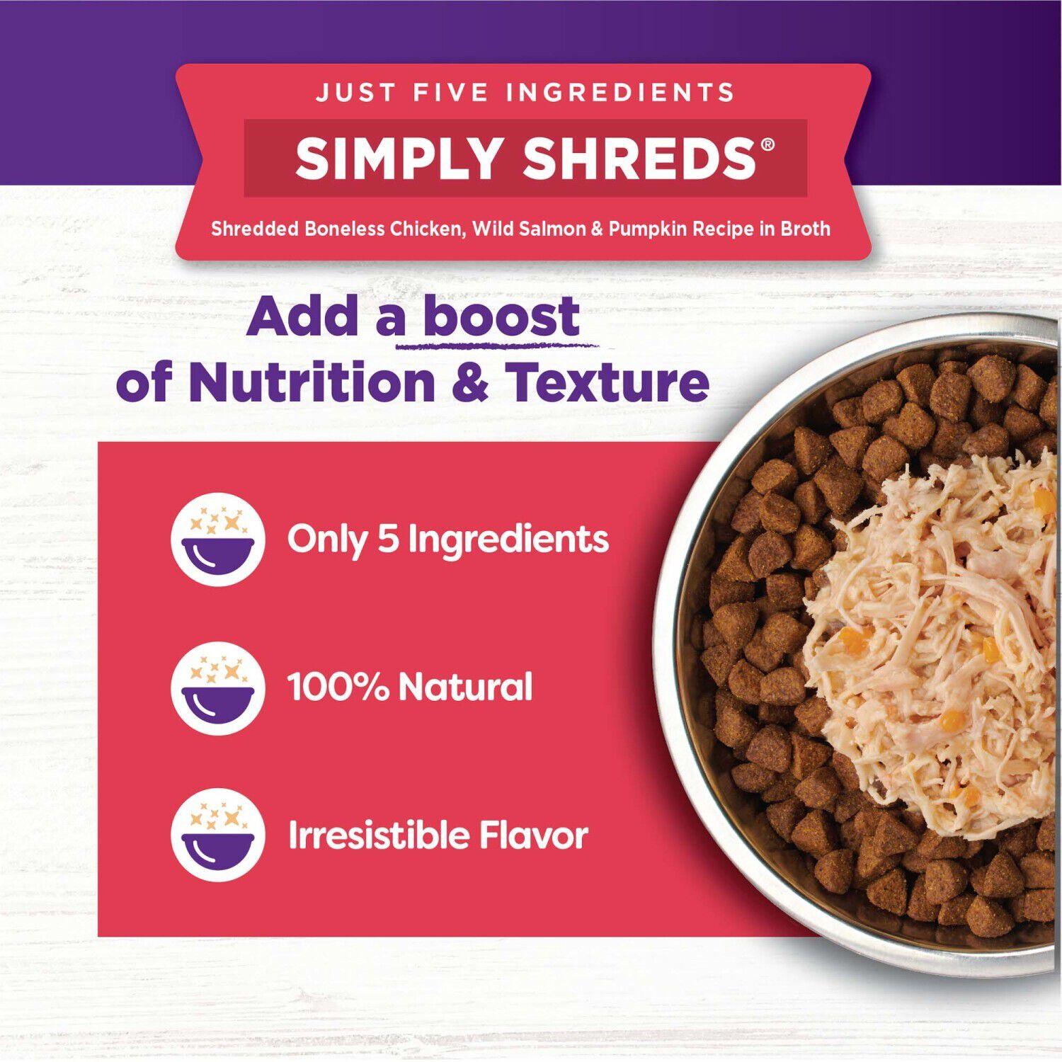 Wellness Bowl Boosters Simply Shreds Grain-Free Wet Dog Food Topper, Wild Salmon & Pumpkin, 2.8-Ounce