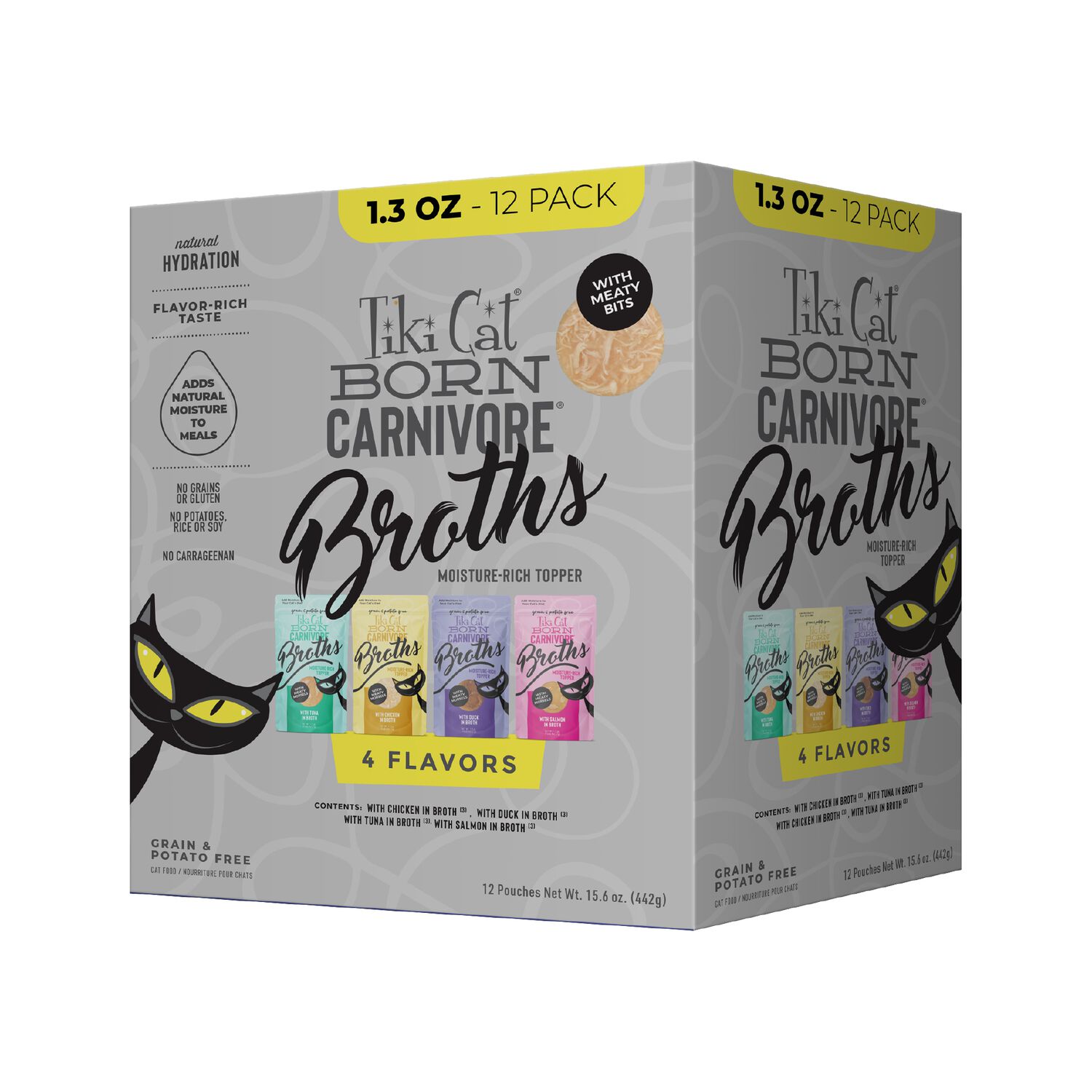 Tiki Cat Born Carnivore Broths Wet Cat Food Toppers, Variety Pack, 1.3-Oz Pouches 12-Count