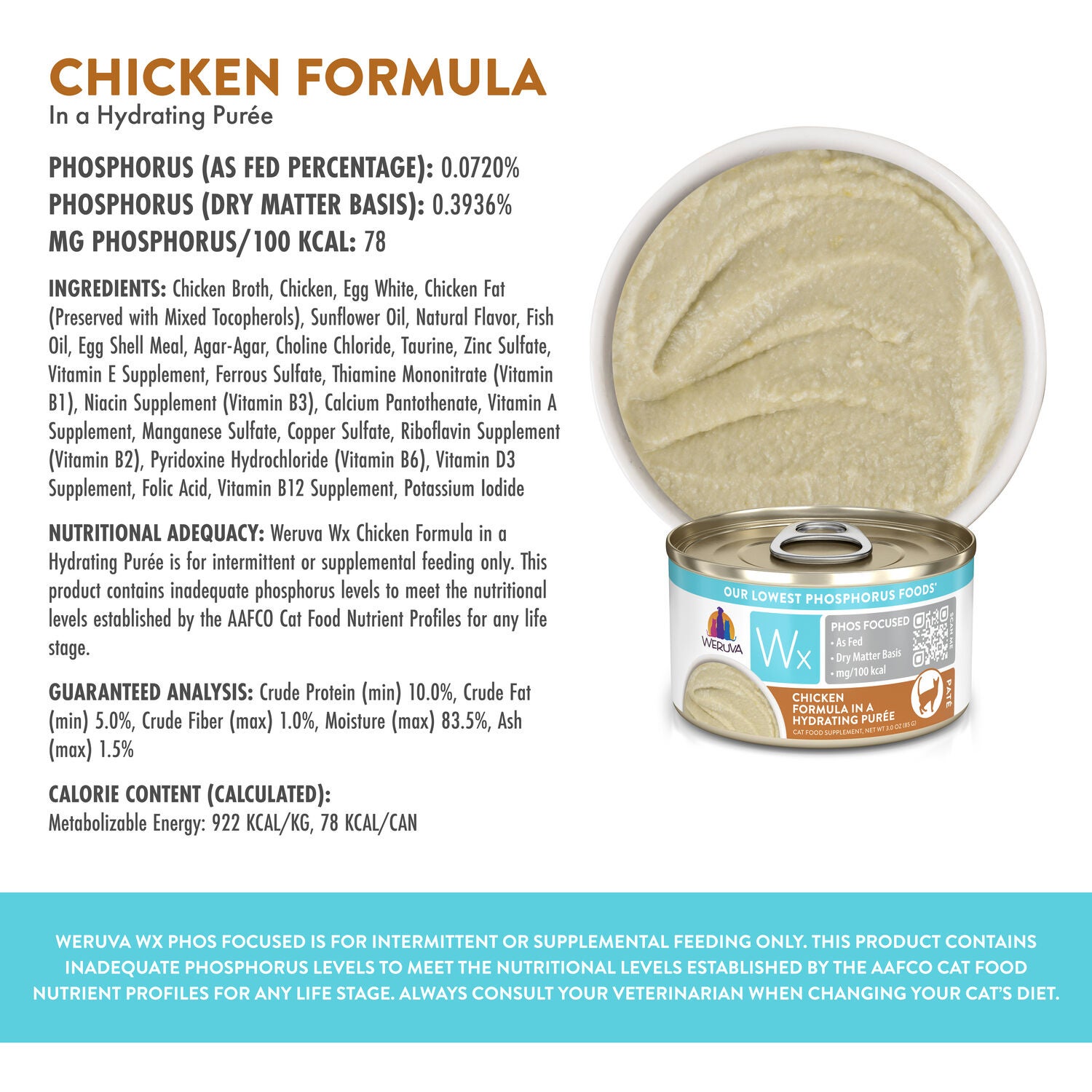 Weruva Wx Phos Focused Chicken Formula In A Hydrating Pur&eacute;e Wet Cat Food, 3-Oz Can Pack Of 12