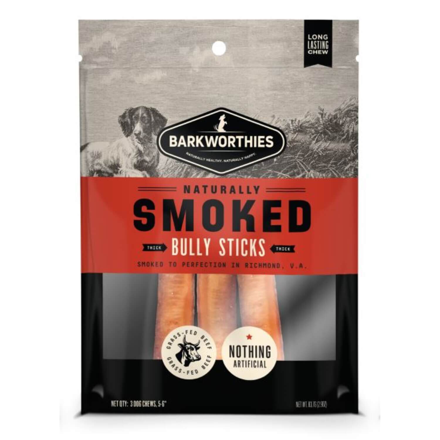 Barkworthies Smoked Bully Stick Natural Dog Treat, Thick, 6" Pack Of 3