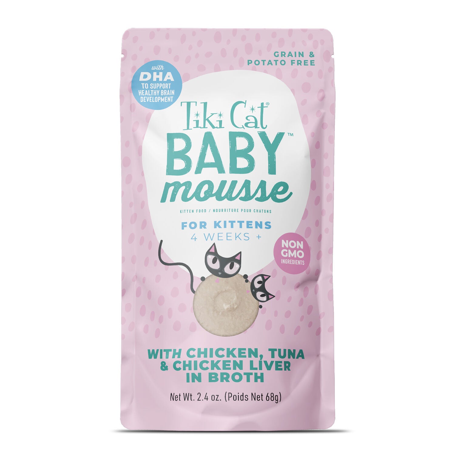 Tiki Cat Baby Mousse Wet Cat Food, Chicken, Tuna & Chicken Liver, 2.4-Oz Pouch Pack Of 12