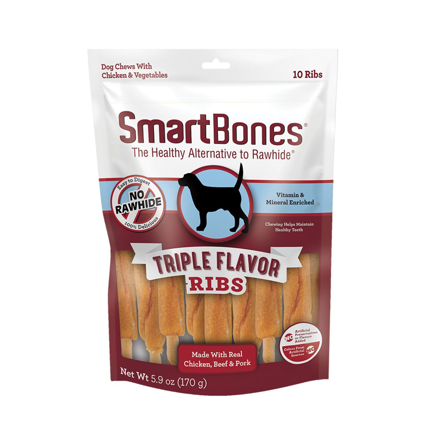 Smartbones Triple Flavor Ribs Rawhide Alternative Dog Treats, Chicken, Beef & Pork, 10 Pack