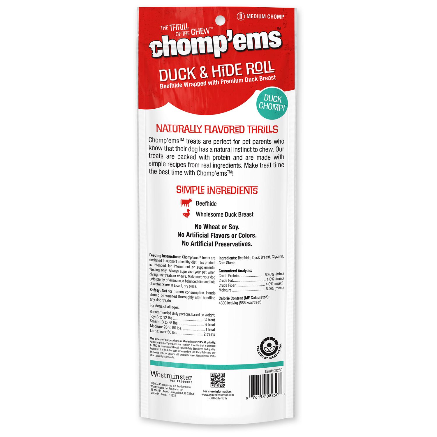 Chomp'ems Duck & Hide Retriever Roll Rawhide Dog Treats, 8'' - 1 Count