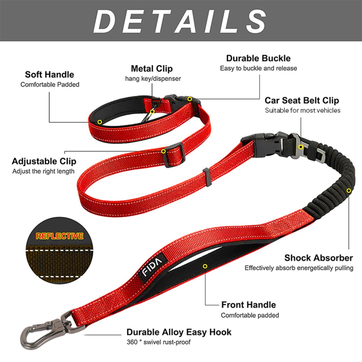 Fida Pet 6 In 1 Multi-Functional Dog Leash, Red