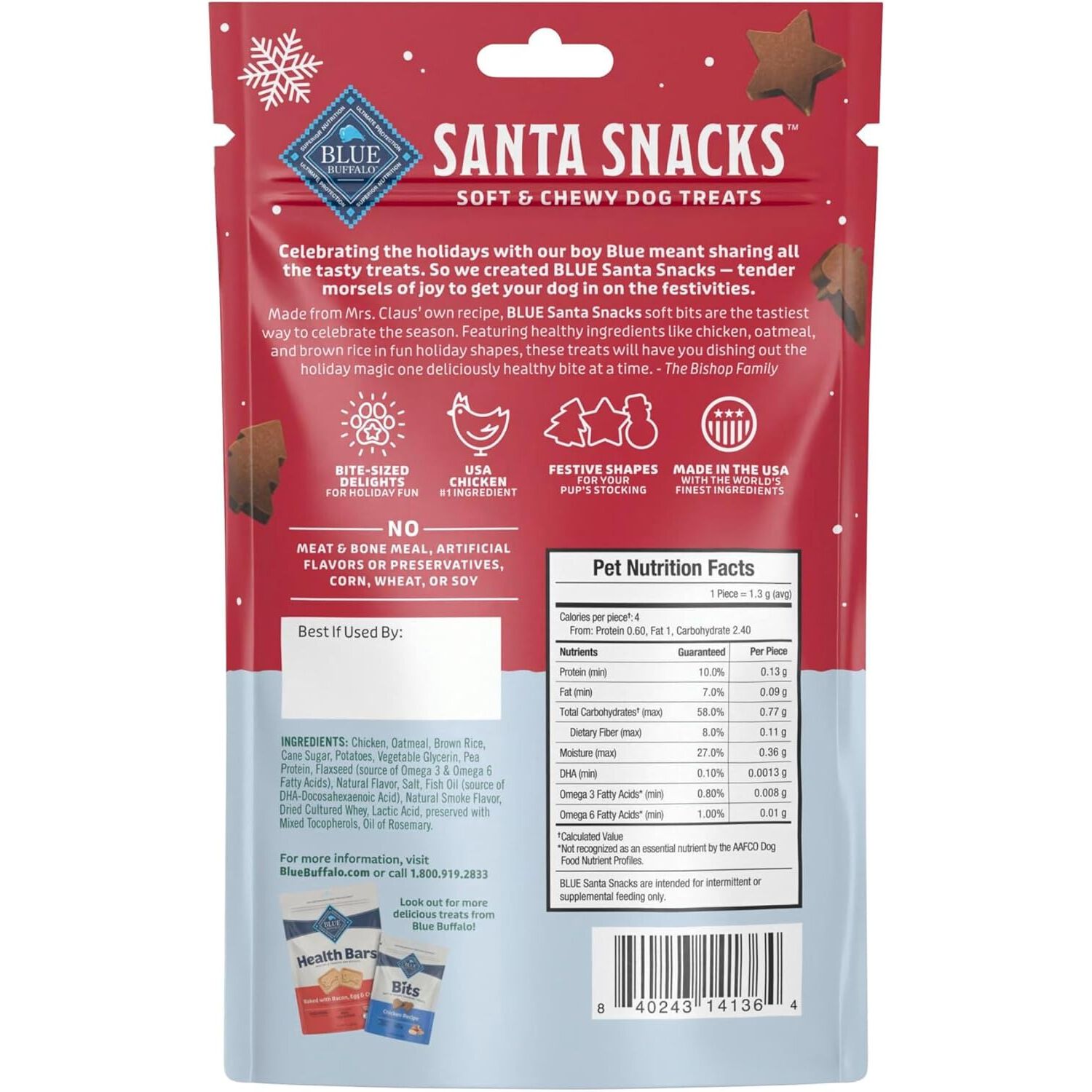 Blue Buffalo Santa Snacks Natural Soft Dog Treats, Chicken, 4.5-Oz Bag
