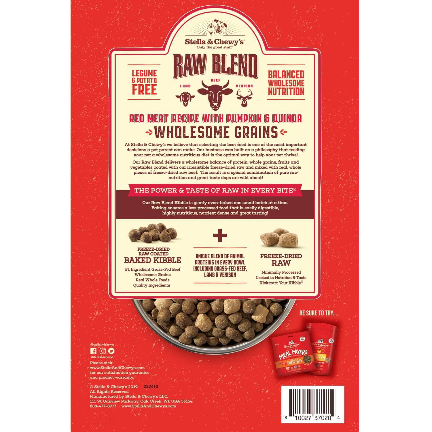 Stella & Chewy's Raw Blend Wholesome Grains Kibble With Freeze Dried Raw Pieces Dry Dog Food, Red Meat Recipe, 22-Lb Bag