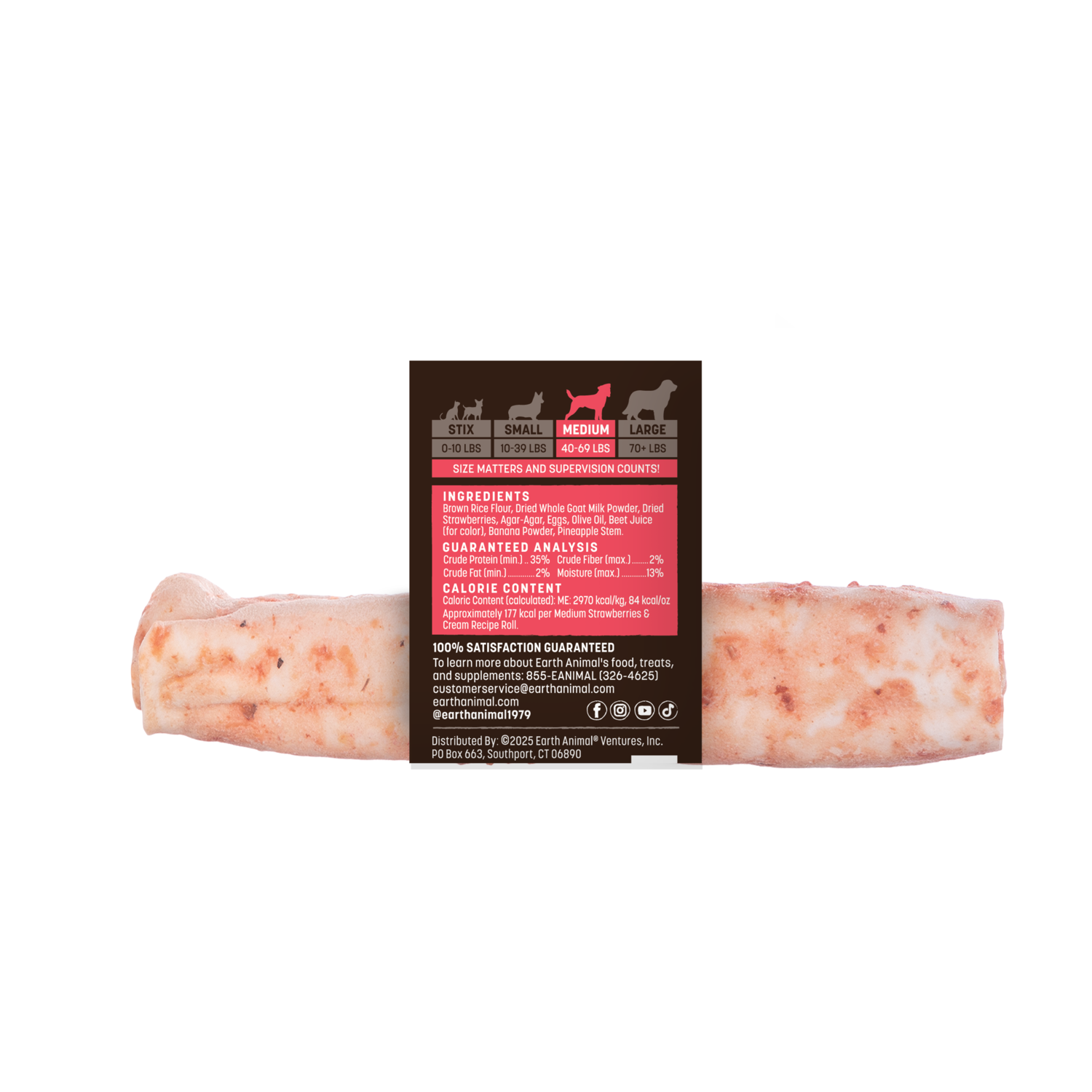 Earth Animal No-Hide Rawhide Alternative Chews Dog Treats, Strawberries & Cream Flavor, Medium