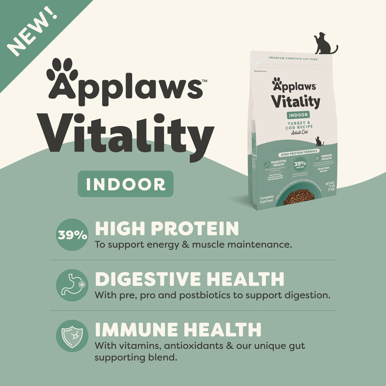 Applaws Vitality Indoor Complete & Balanced Turkey And Cod Recipe Adult Dry Cat Food, 5-Lb Bag