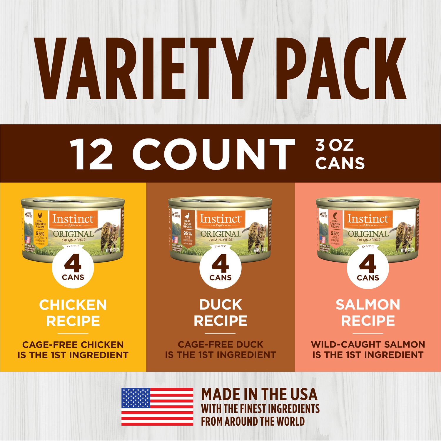 Instinct Original Grain-Free Pate Wet Cat Food, Variety Pack, 3-Oz Can 12 Pack