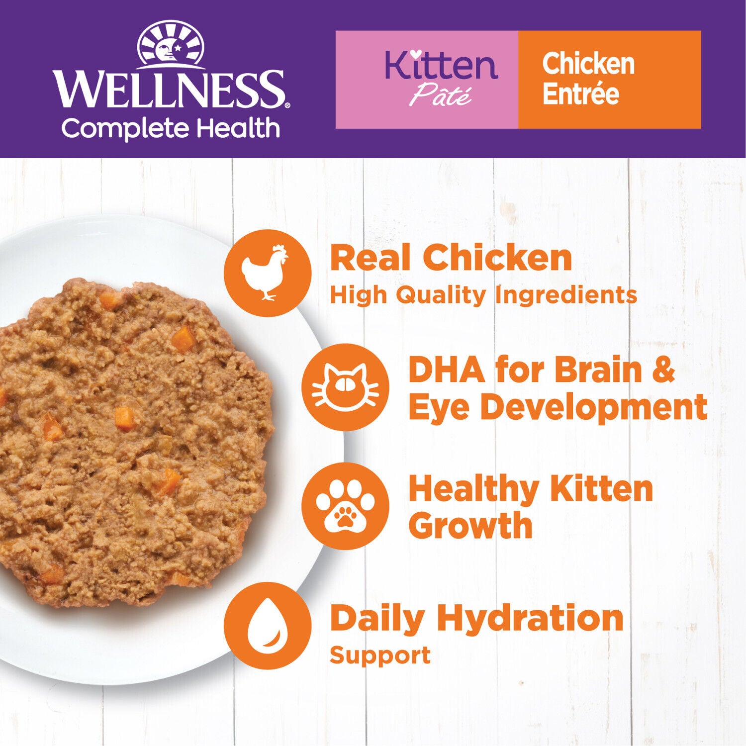Wellness Complete Health Pate Kitten Wet Cat Food, Natural, Protein-Rich, Grain Free, 3 Ounce, Chicken Entree
