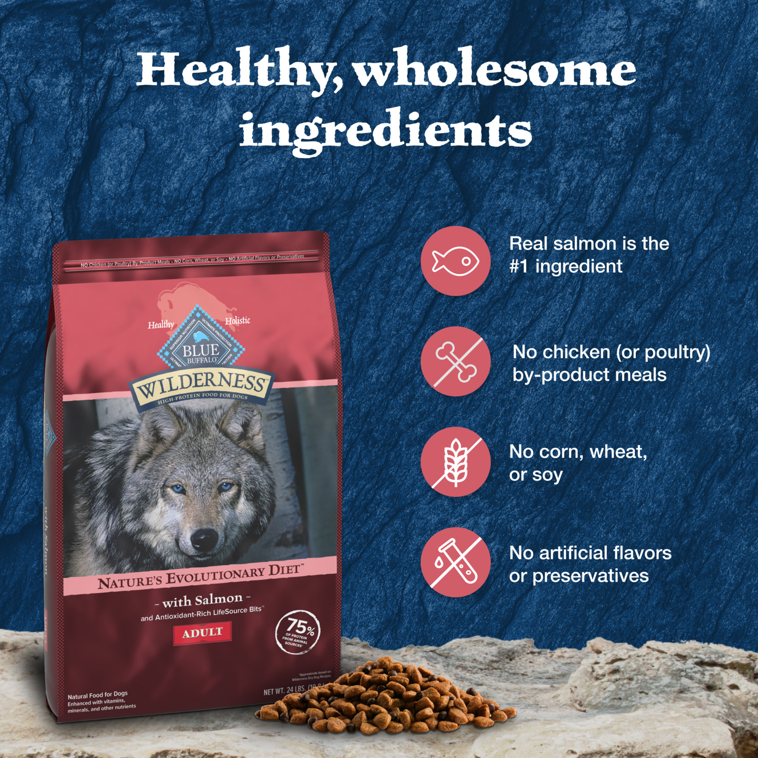 Blue Buffalo Wilderness High Protein Natural Adult Dry Dog Food Plus Wholesome Grains, Salmon, 24Lb