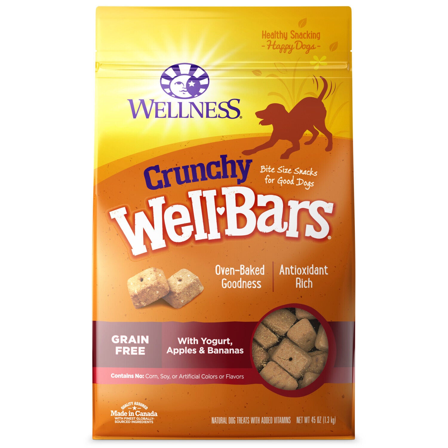 Wellness Wellbars Dog Treats, Natural, Training Treat, Grain Free, Crunchy Yogurt, Apples & Banana (45 Ounce Bag)