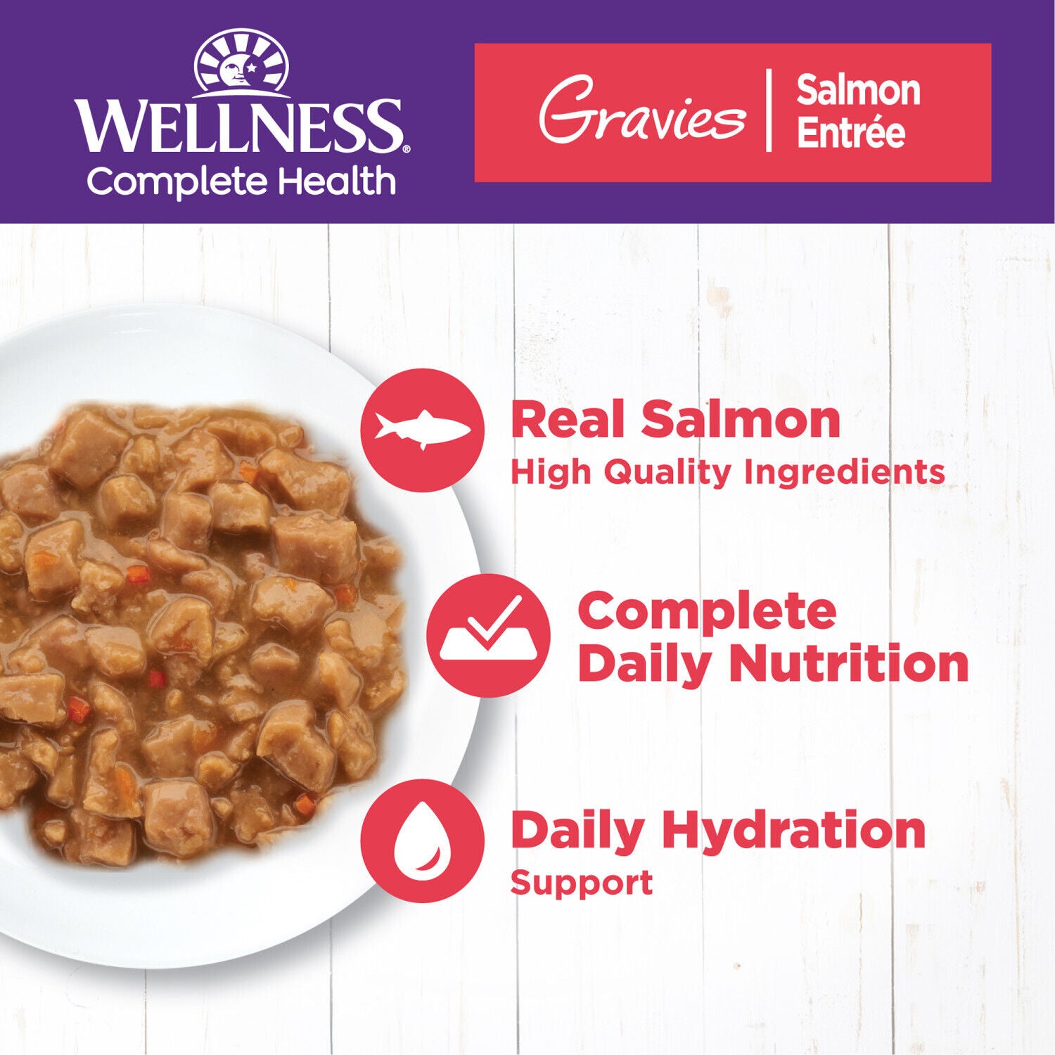 Wellness Complete Health Gravy Adult Wet Cat Food, Natural, Protein-Rich, Grain Free, 3 Ounce, Salmon Entree