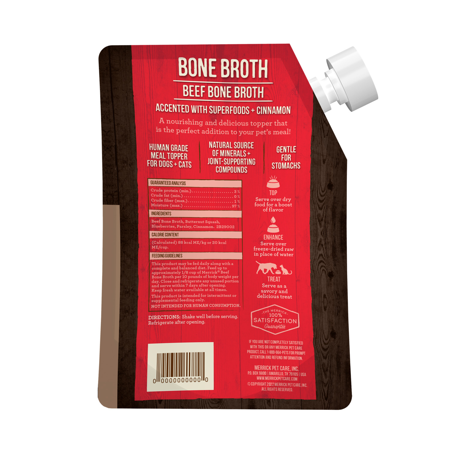 Merrick Grain-Free Bone Broth, Premium Human Grade And Gluten Free Dog And Cat Food Topper Pouches, Beef, 16-Oz Pouch
