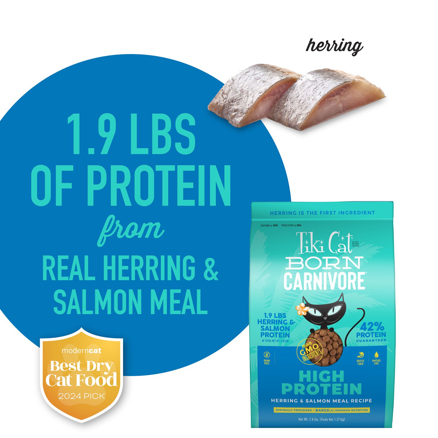 Tiki Cat Born Carnivore High Protein Dry Cat Food, Herring & Salmon Meal, 2.8-Lb Bag