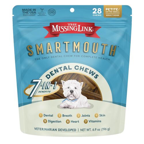 The Missing Link Smartmouth 7 In 1 Dental Chew Dog Treats For Petite/Extra Small Dogs