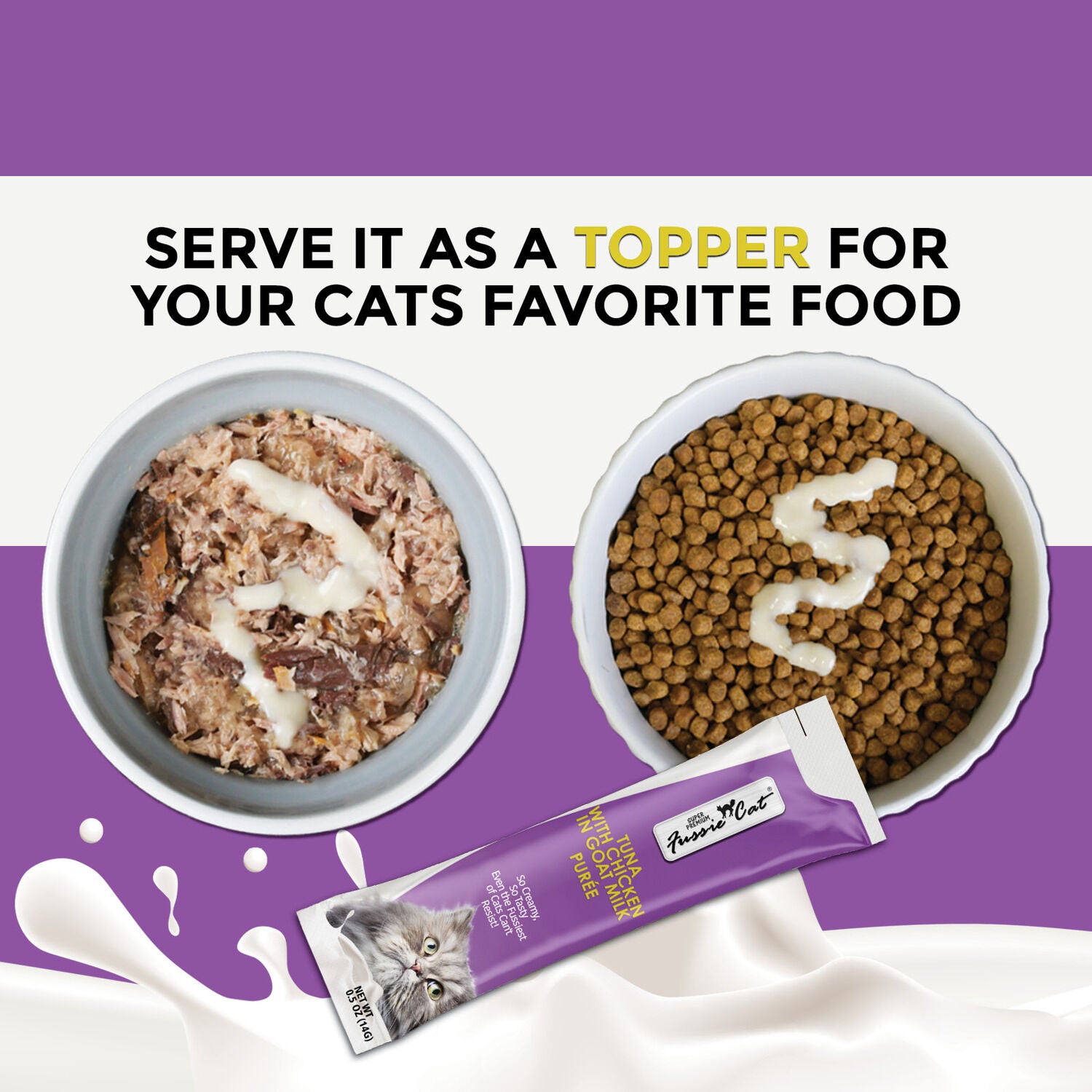 Fussie Cat Premium Tuna With Chicken In Goat Milk Puree Lickable Cat Treat, 4-2Oz Tubes