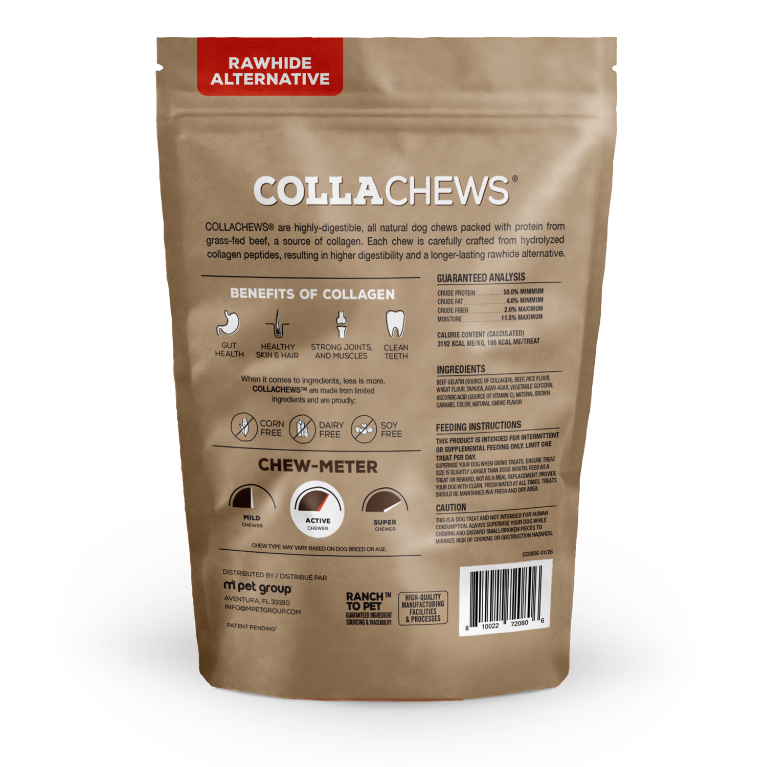 Collachews Beef Collagen Roll Rawhide Alternative Dog Treats, 6"-4 Pack