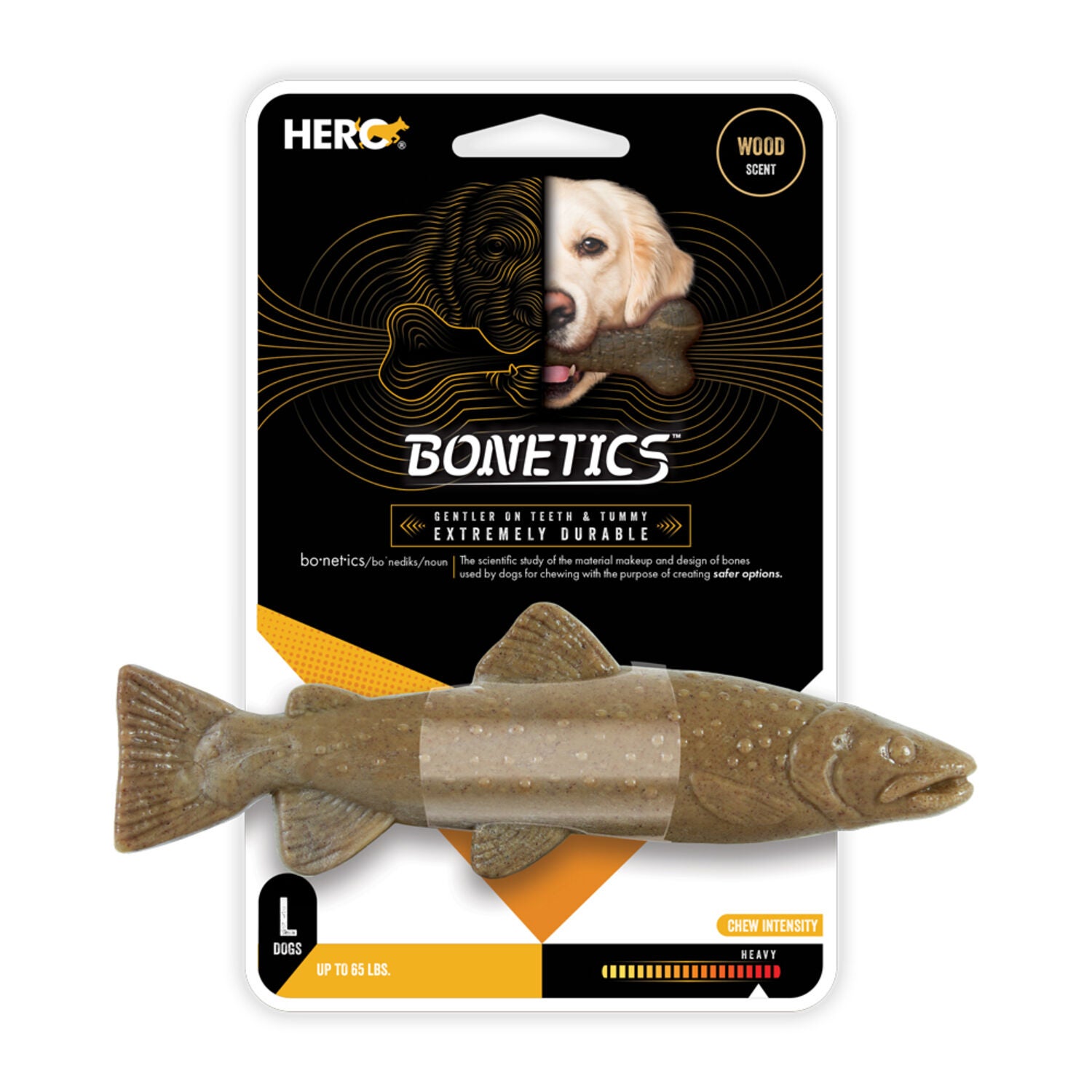 Hero Bonetics Trout Fish Durable Dog Chew Toy, 8"-Large, Wood Scent