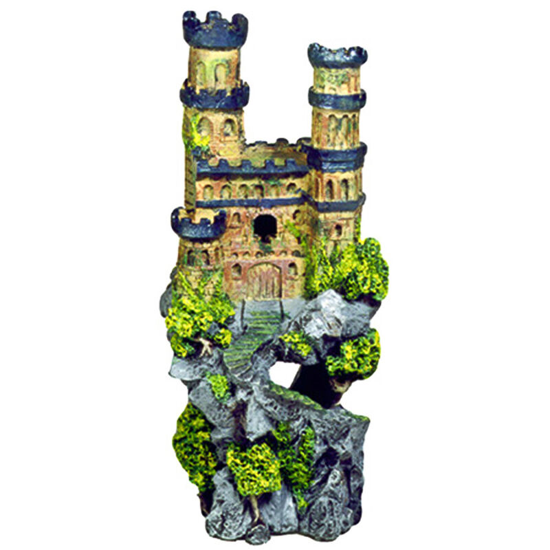 Exotic Environments Medieval Castle With Metallic Blue Towers On Rocky Cliff Aquarium Ornament