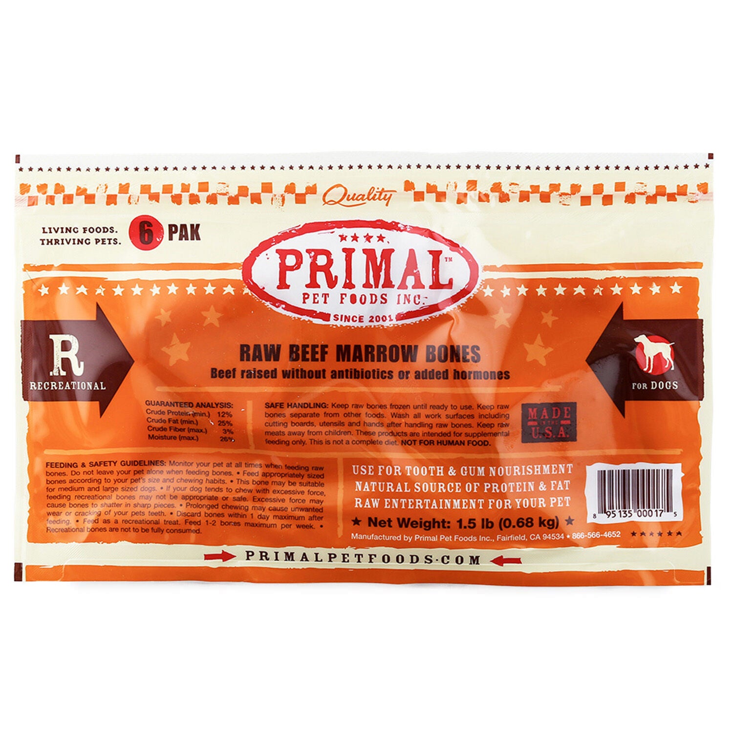 Primal Raw 2" Frozen Beef Marrow Bones Dog Treats, 6 Pack