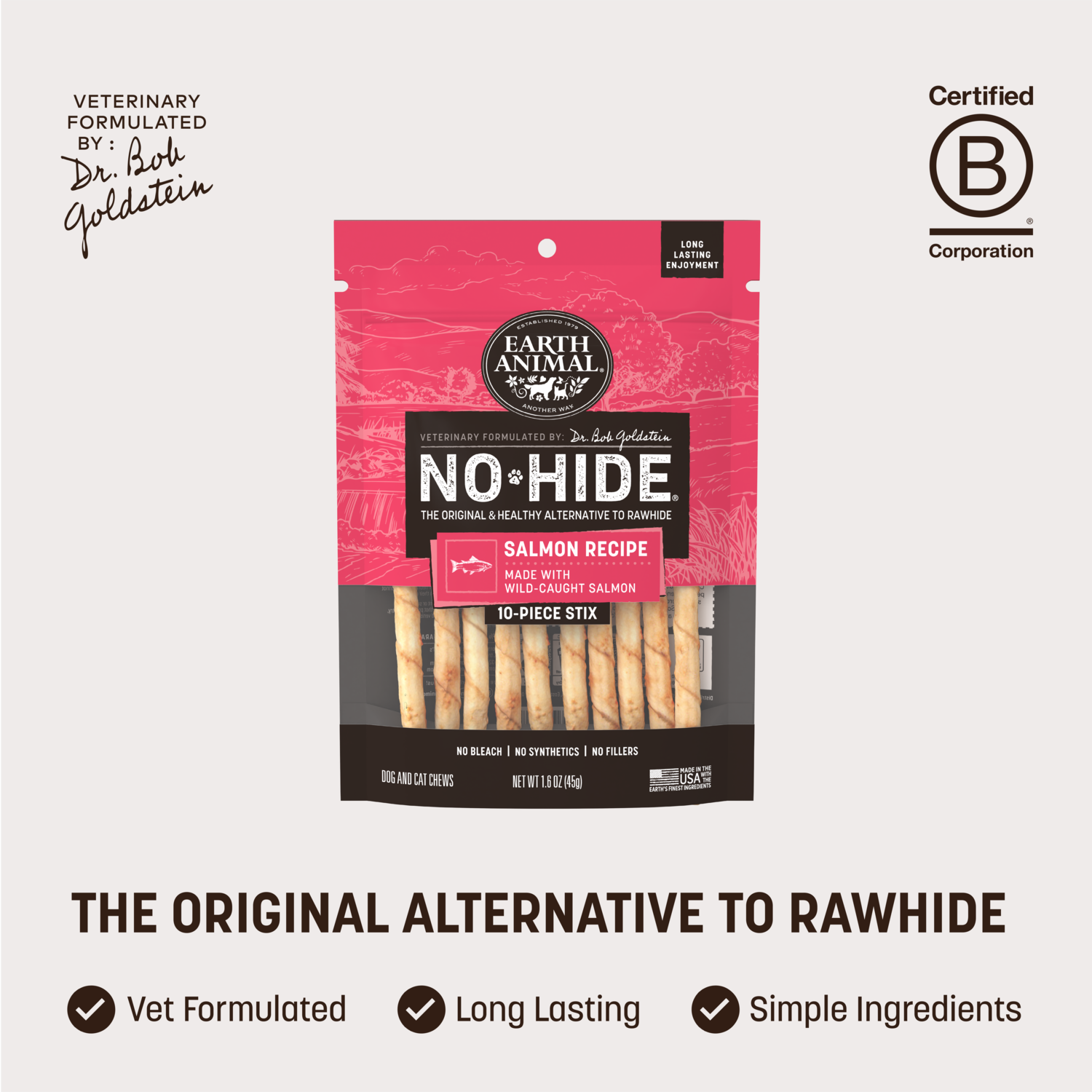Earth Animal No-Hide Rawhide Alternative Dog & Cat Treat Stix, Wild Caught Salmon, 10 Pack