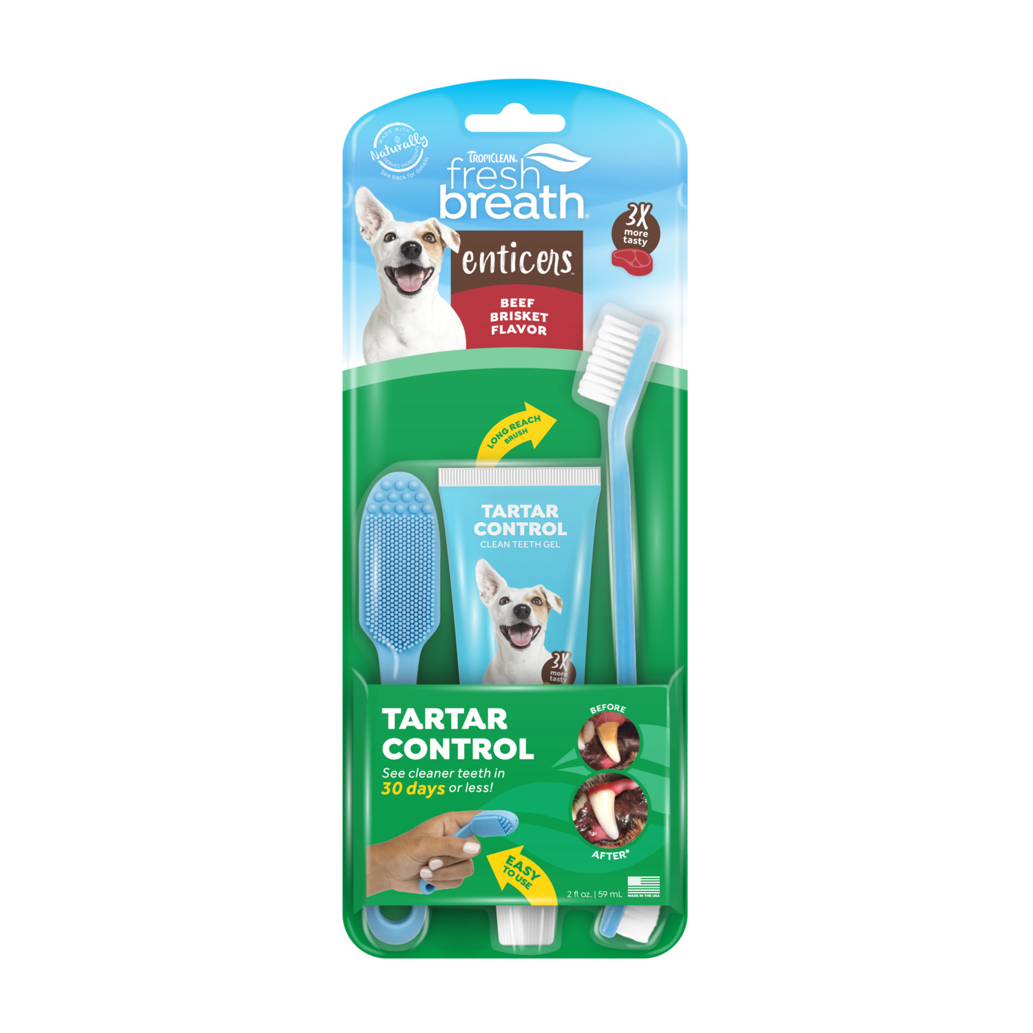 Tropiclean Fresh Breath Enticers Tarter Control Dog Dental Health Kit, Smoked Beef Brisket Flavor, 3-Piece