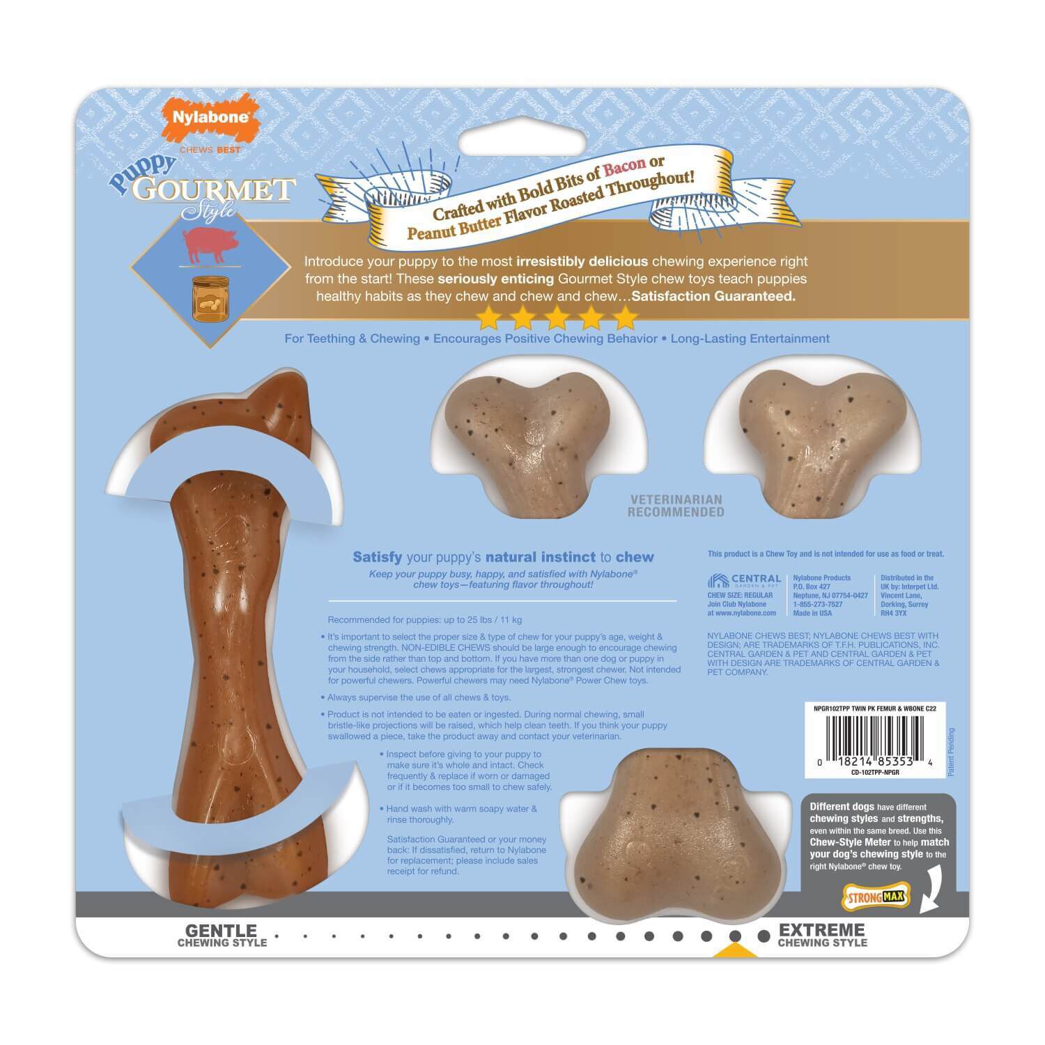 Nylabone Puppy Gourmet Style Strong Dog Chew Toy - Bacon, Peanut Butter Flavor