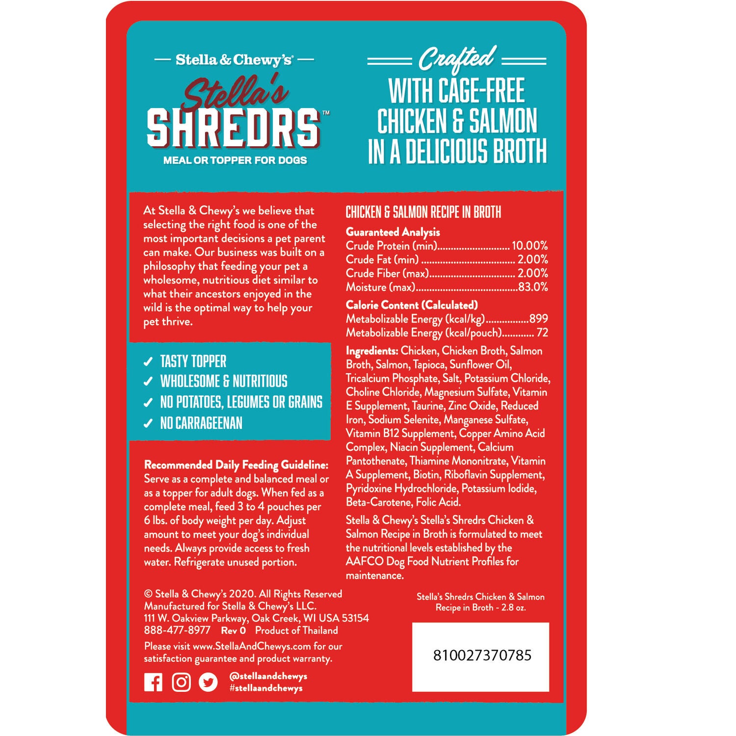 Stella & Chewy's Stella&rsquo;S Shredrs Wet Dog Food, Cage Free Chicken & Salmon Recipe In Broth, 2.8-Oz Pouch