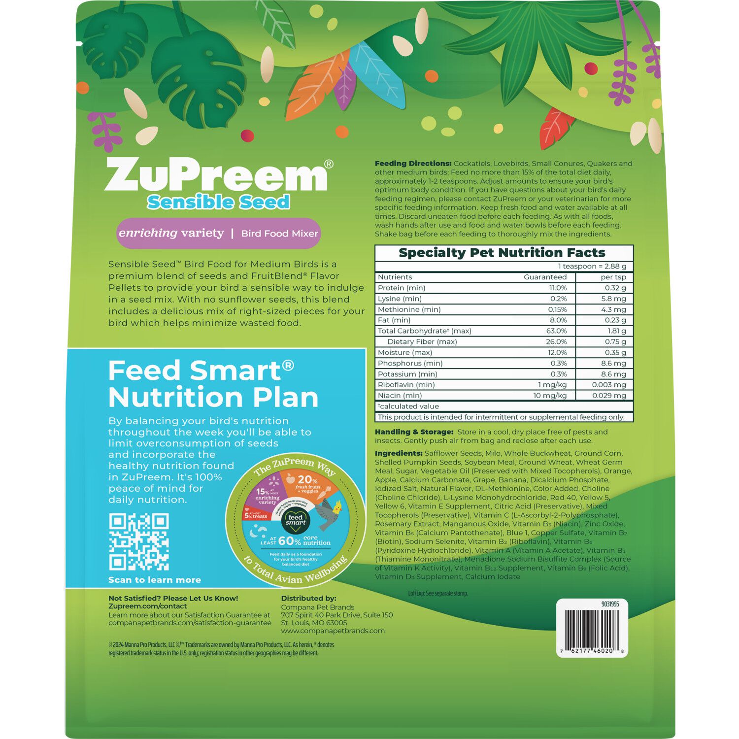 Zupreem Sensible Seed Bird Food For Medium Birds, 2-Lb