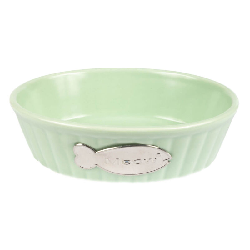 Green Fish Meow Ceramic Cat Bowl image number 1