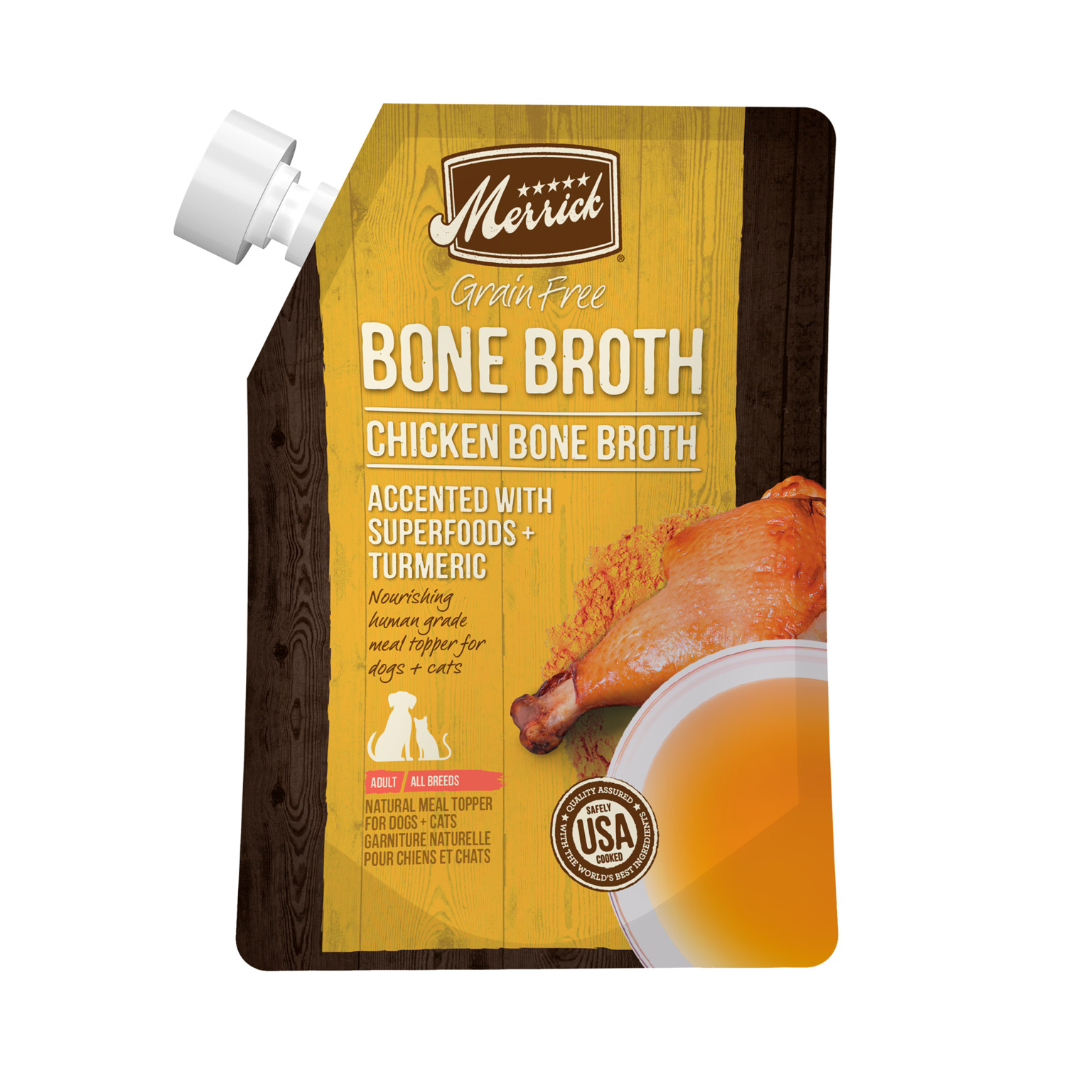 Merrick Grain-Free Bone Broth, Premium Human Grade And Gluten Free Dog And Cat Food Topper Pouches, Chicken, 16-Oz Pouch Pack Of 10