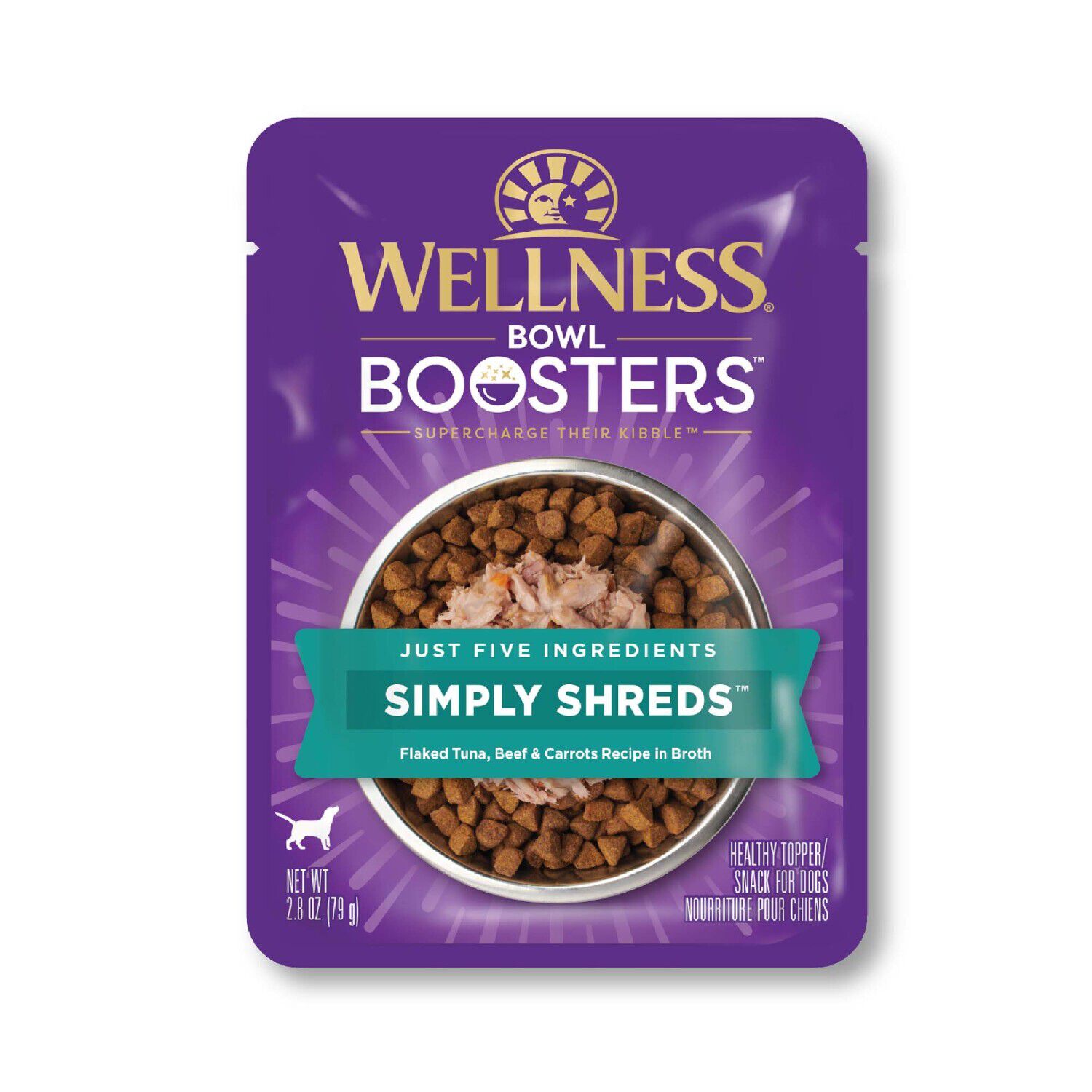Wellness Bowl Boosters Simply Shreds Wet Dog Food Topper For Small, Medium, & Large Breeds, Grain Free, Natural, Tuna, Beef & Carrots, 2.8 Ounce Pouch