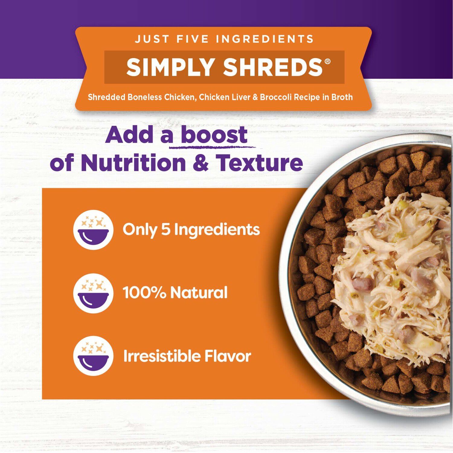 Wellness Bowl Boosters Simply Shreds Grain-Free Wet Dog Food Topper, Chicken Liver & Broccoli Recipe, 2.8-Ounce Pouch