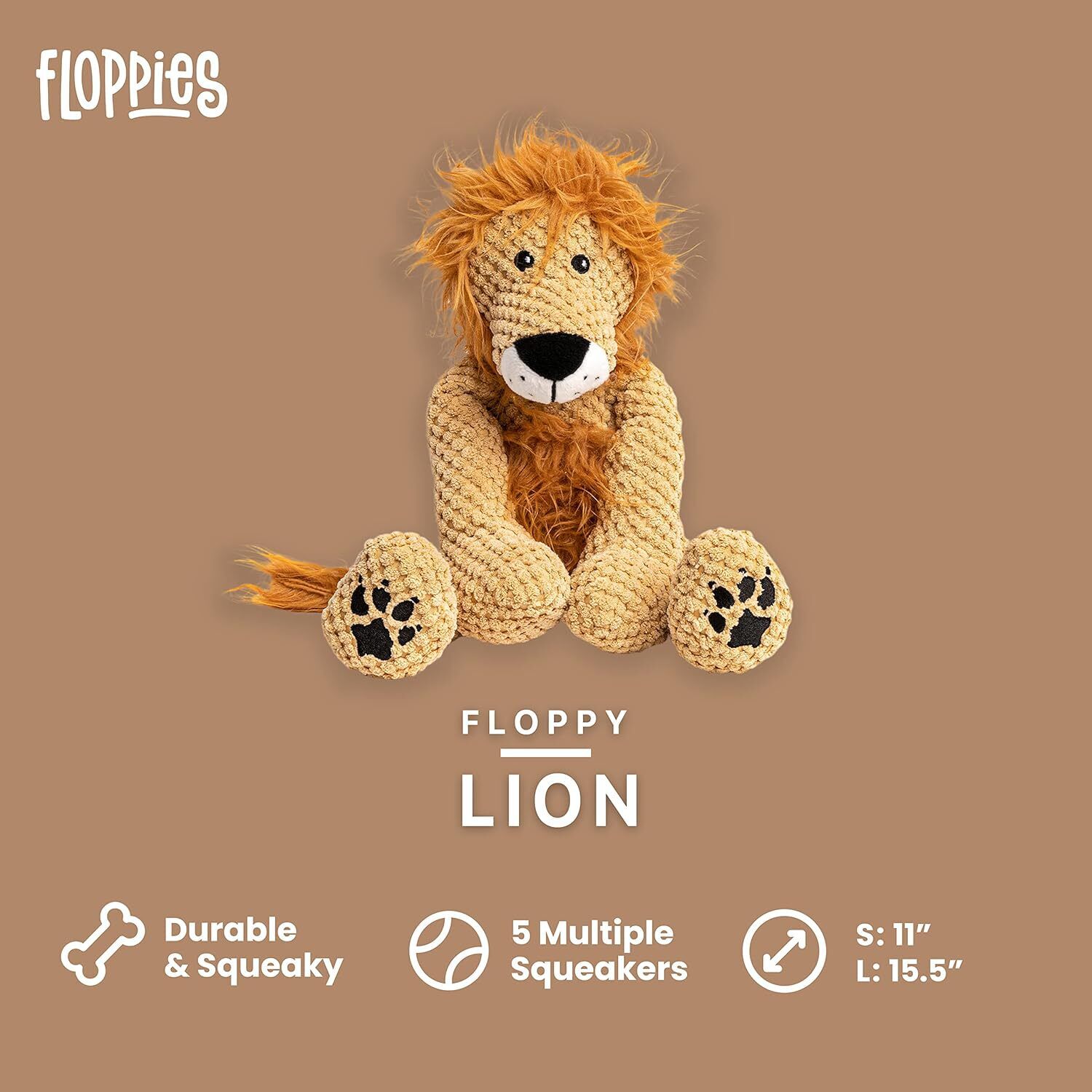 Fabdog Floppy Lion Plush Squeaky Dog Toy, 14.5"