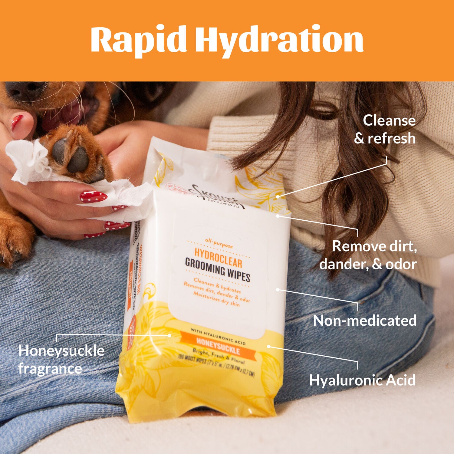 Skout's Honor Hydroclear&trade;️Dog Grooming Wipes, Honeysuckle Scented, 100 Count