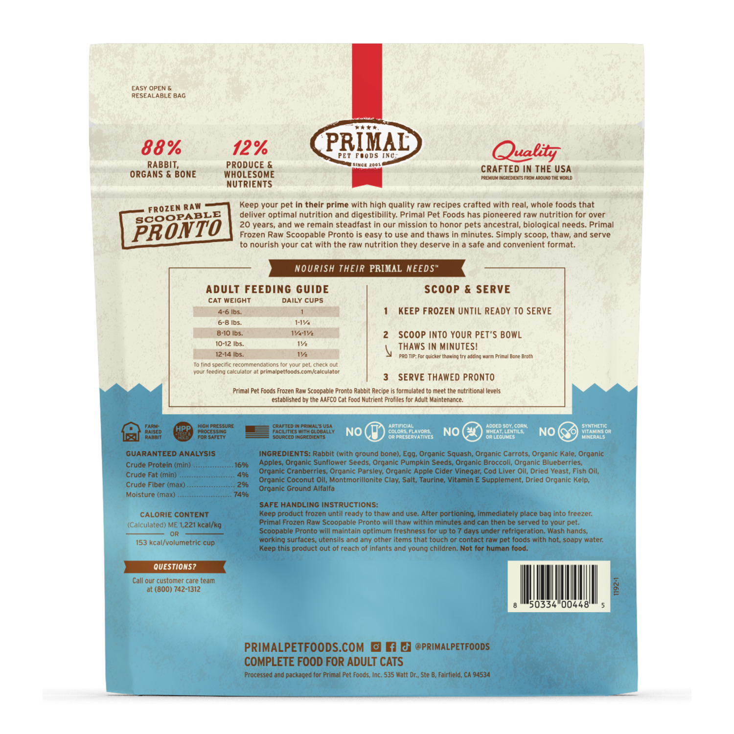 Primal Pronto Raw Scoopable Frozen Cat Food, Rabbit Recipe, 1-Lb Bag