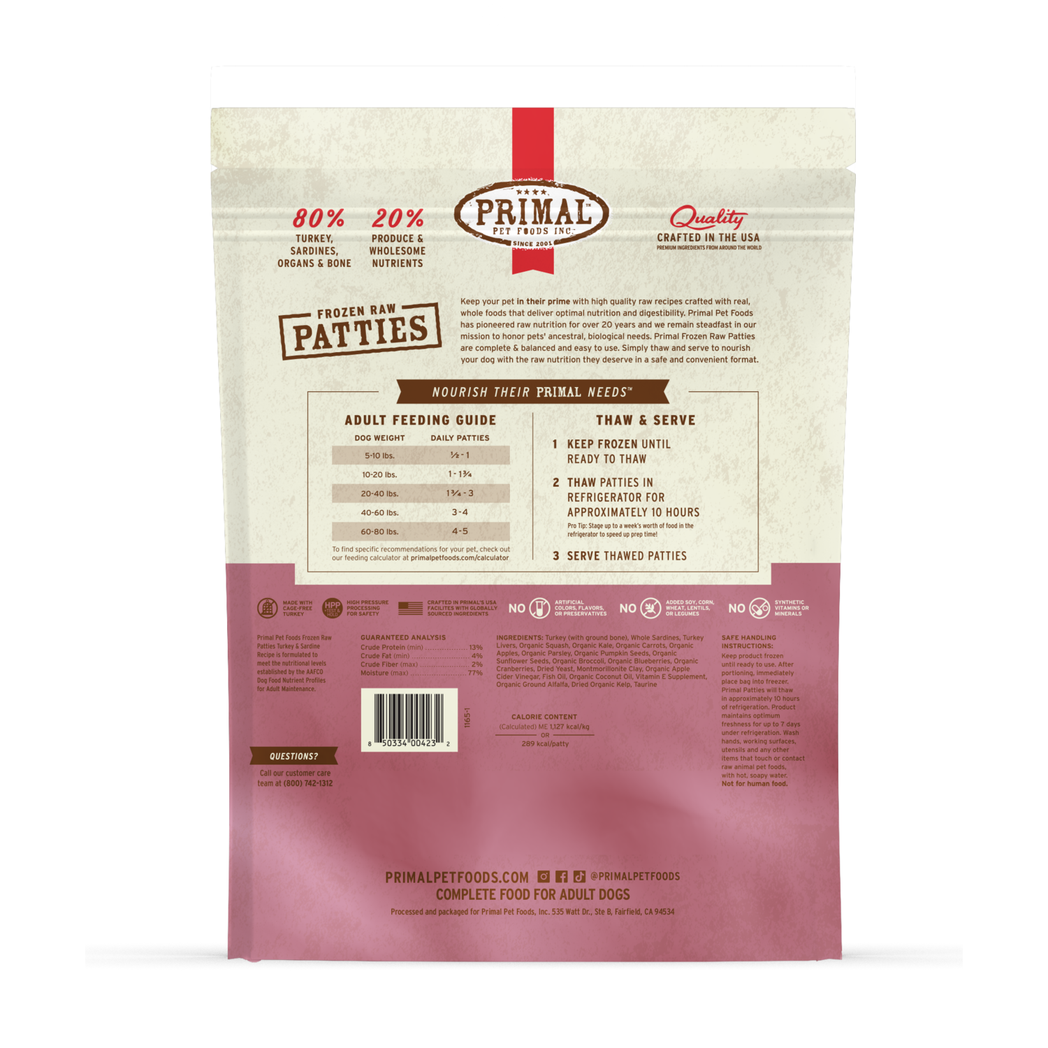 Primal Frozen Raw Turkey & Sardine Formula Dog Food Patties, 6-Lb Bag