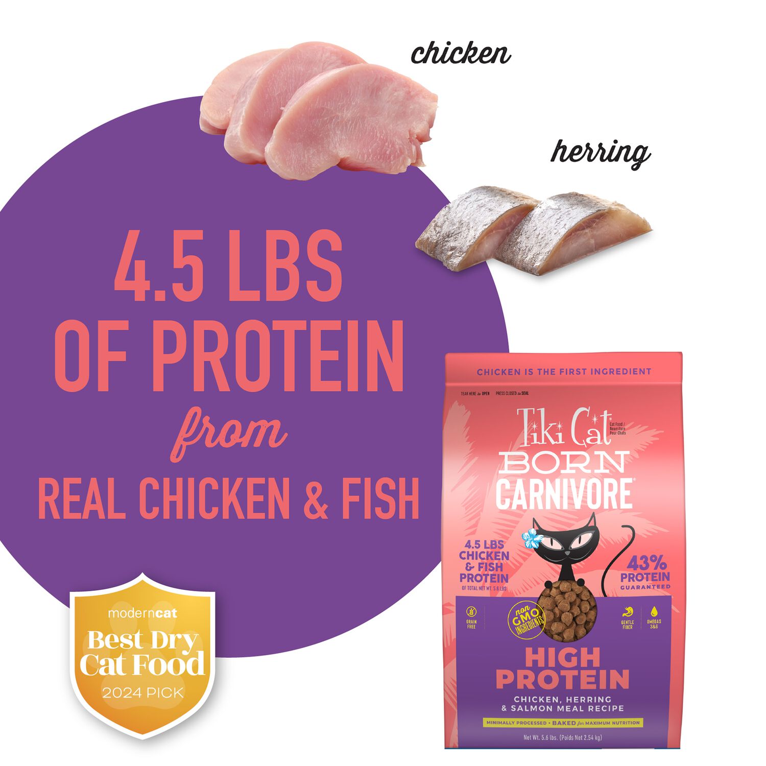 Tiki Cat Born Carnivore High Protein Dry Cat Food, Chicken, Herring & Salmon Meal, 5.6-Lb Bag