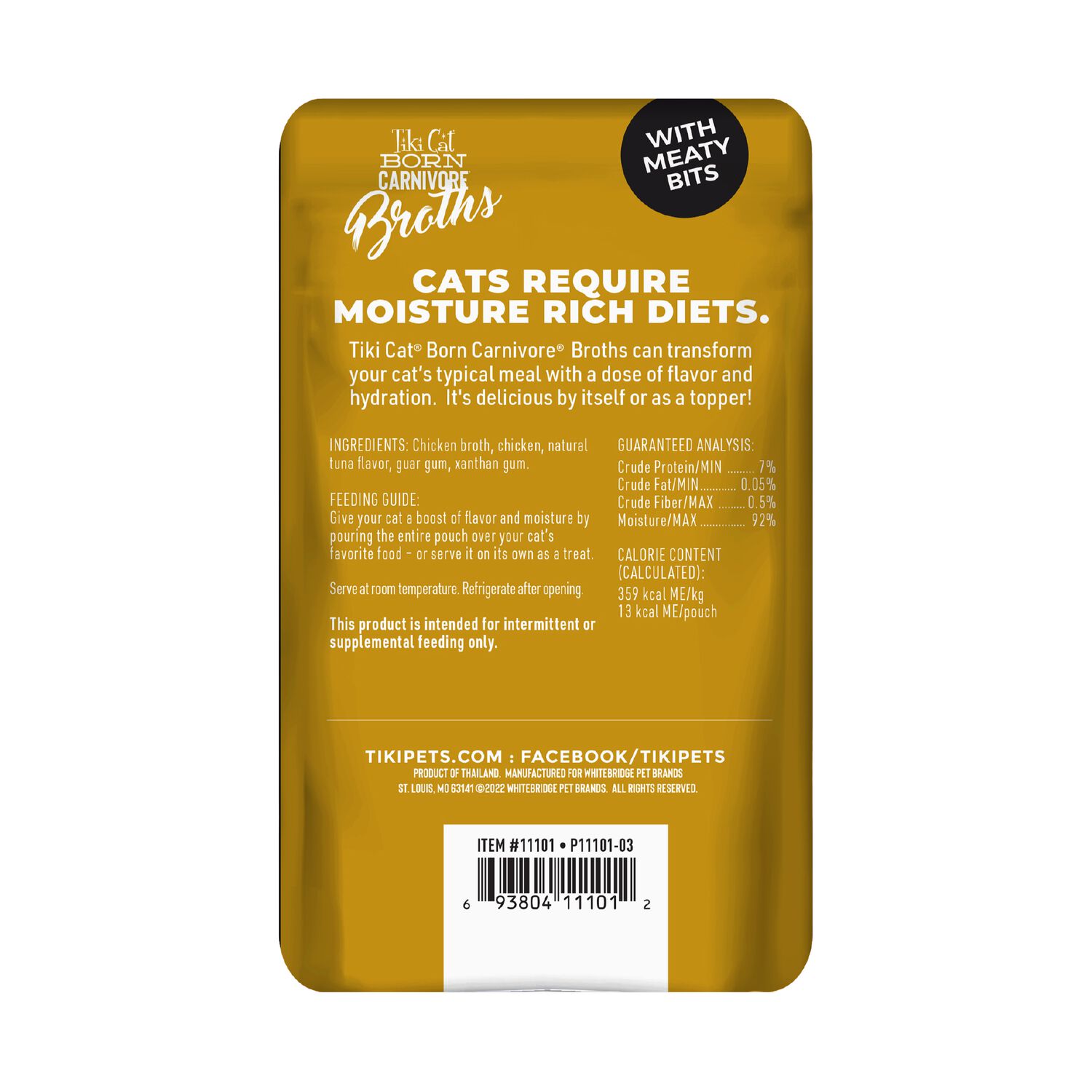 Tiki Cat Born Carnivore Grain-Free Broths Wet Cat Food Topper, Chicken, 1.3-Oz Pouch 12-Count
