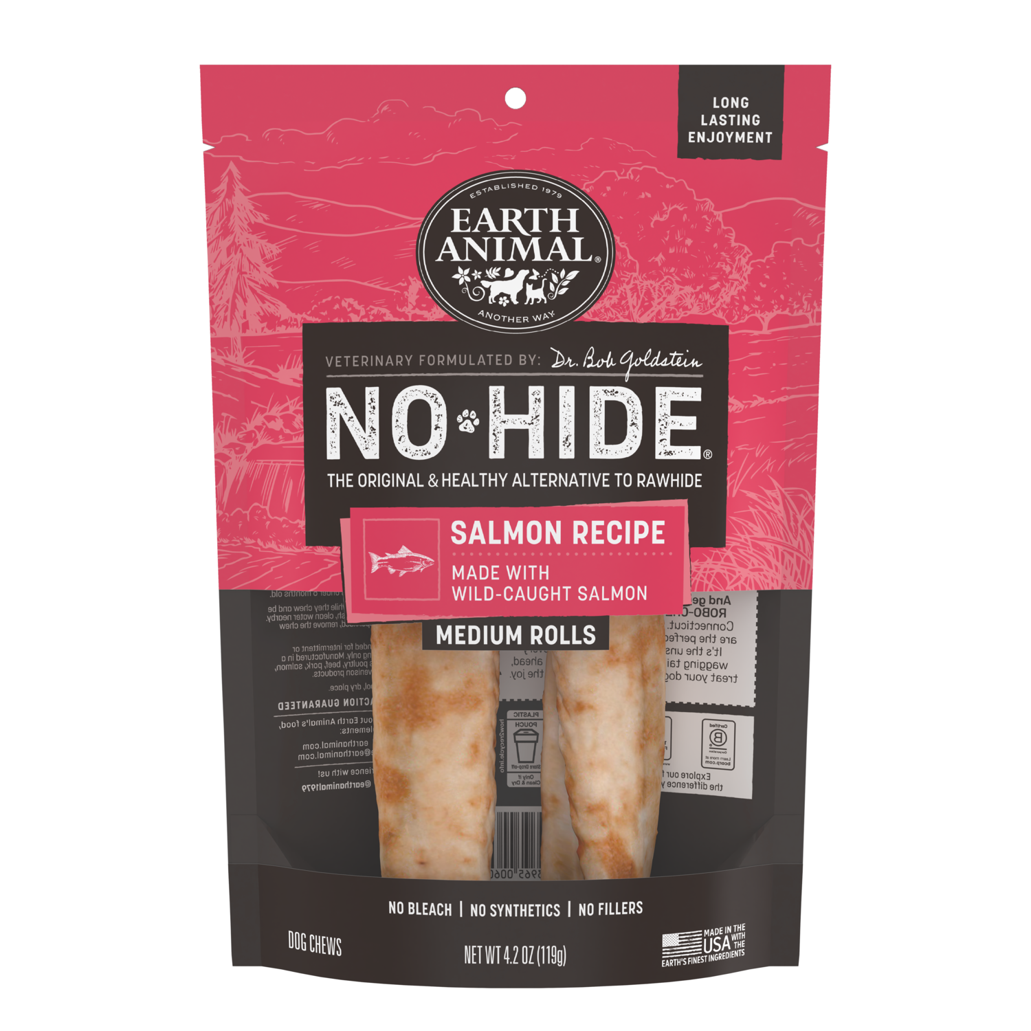 Earth Animal No-Hide Rawhide Alternative Salmon Recipe Medium Dog Chew Treat, 2 Pack, 7"